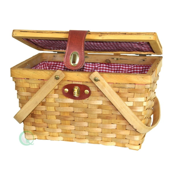 Picnic basket Beige and Brown checkered wicker kid Vintage
